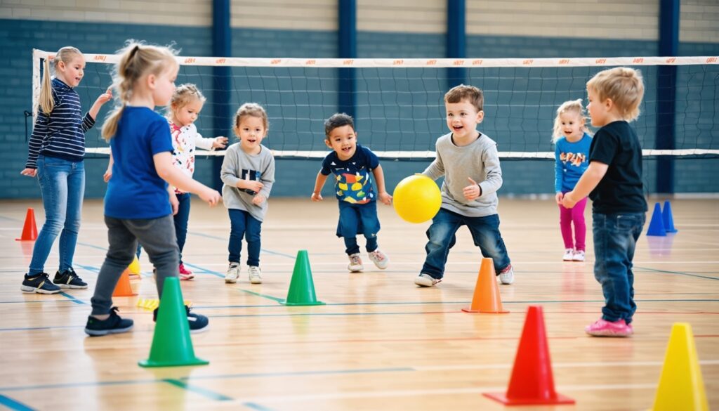 Diverse groep basisschoolkinderen die samen een spel spelen tijdens De Grote Gymles, met aandacht voor inclusie
