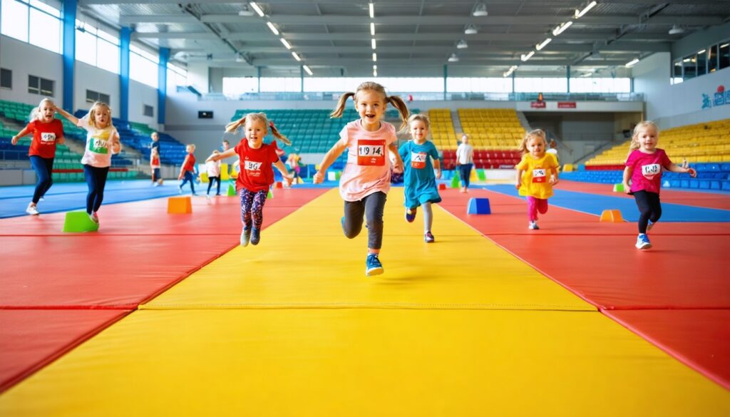 Groep kinderen in sportkleding die een thematische sportdag beleven tijdens een studiedag, met speelse rode en groene accenten