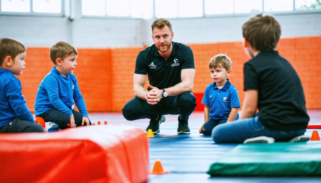 Trainer die een groep basisschoolkinderen veilig begeleidt bij een sportspel in een Nederlandse sporthal tijdens De Grote Gymles