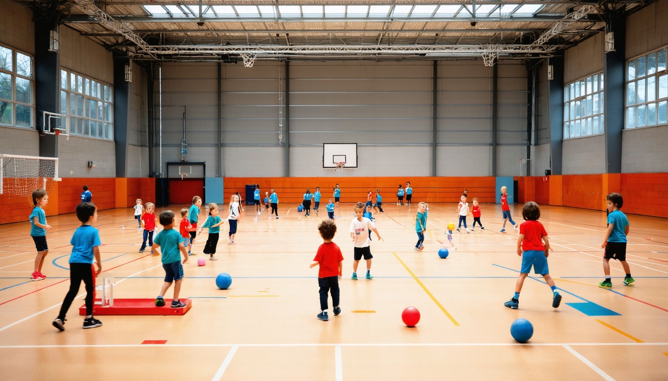 Kinderen volgen het basisprogramma van De Grote Gymles met afwisselende sport- en spelvormen in een Nederlandse sporthal